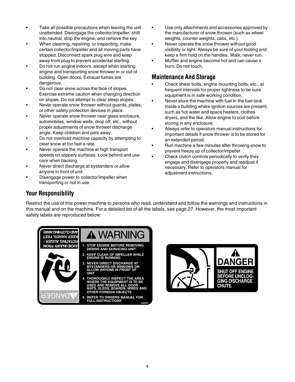 Warning, Maintenance and storage, Your responsibility | Dan ge r | MTD 31AH553G401 User Manual | Page 4 / 28