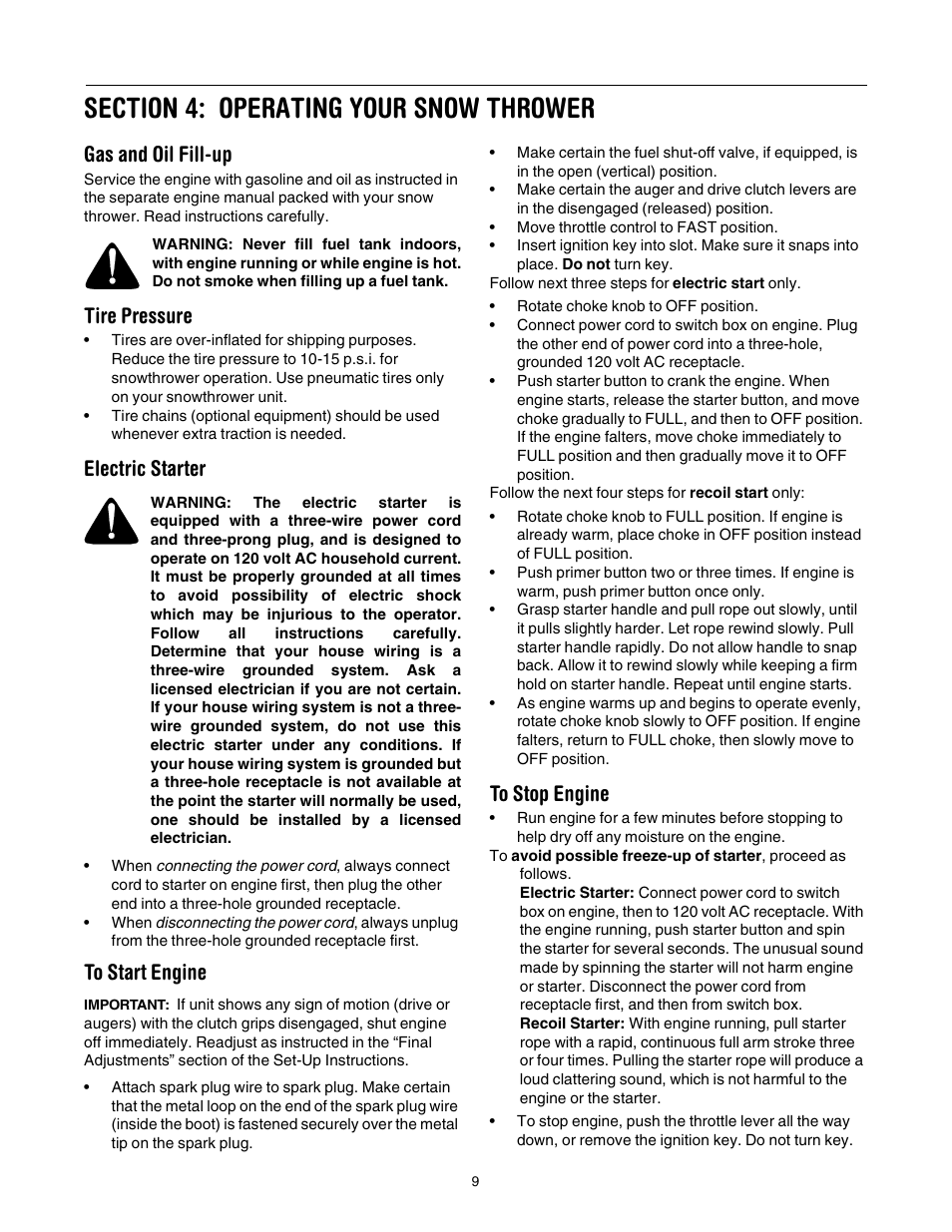 Gas and oil fill-up, Tire pressure, Electric starter | MTD 31AH553G401 User Manual | Page 9 / 28