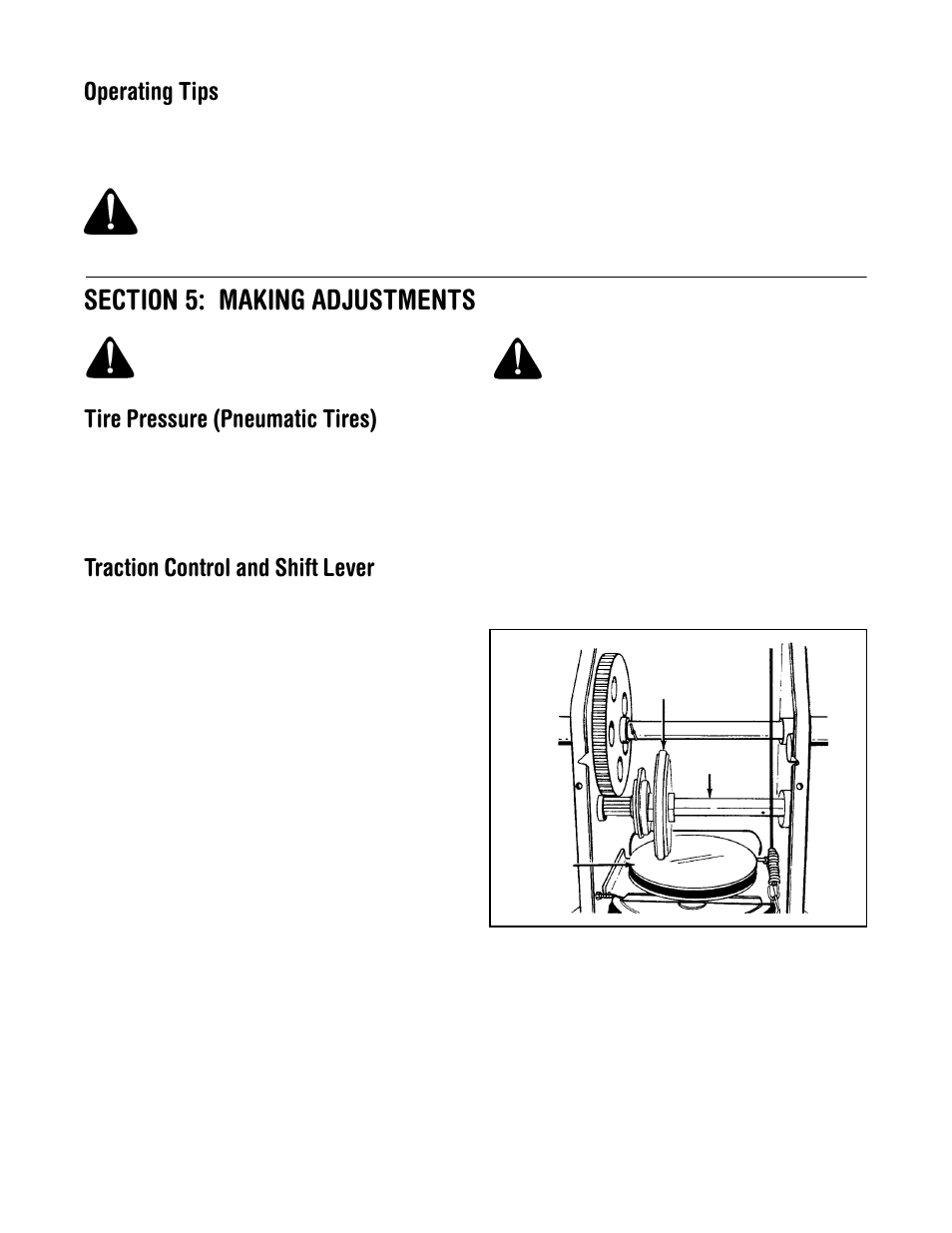 Operating tips, Tire pressure (pneumatic tires), Traction control and shift lever | MTD 615 User Manual | Page 13 / 28