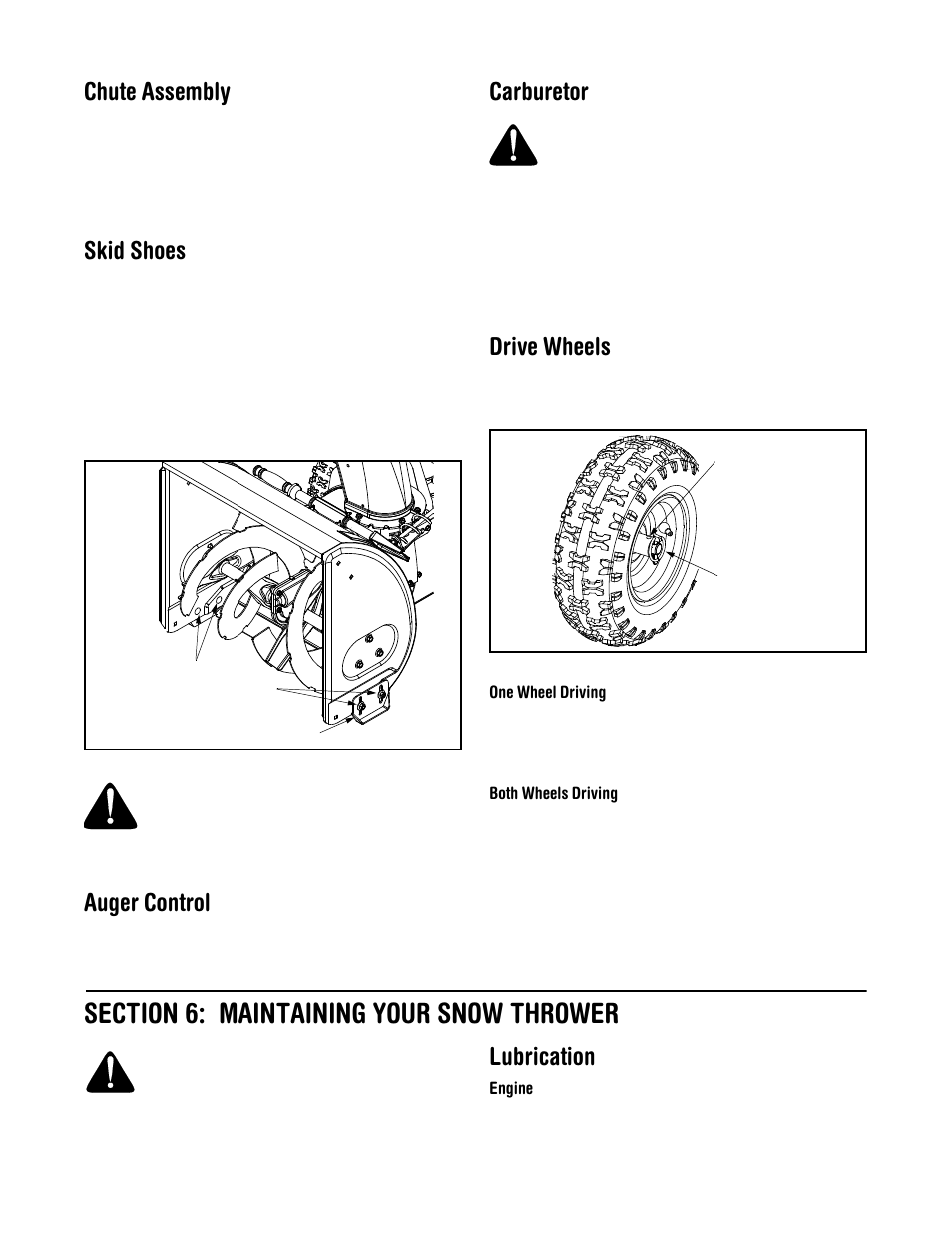 Chute assembly, Skid shoes, Auger control | Carburetor, Drive wheels, Lubrication | MTD 615 User Manual | Page 14 / 28