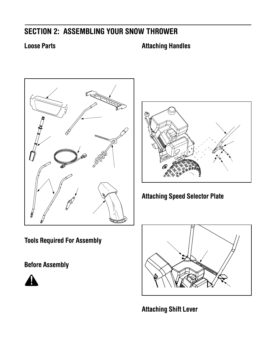 Loose parts, Tools required for assembly, Before assembly | Attaching handles, Attaching speed selector plate, Attaching shift lever | MTD 615 User Manual | Page 6 / 28