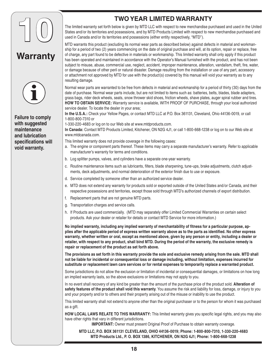 Warranty | MTD 230 FR User Manual | Page 18 / 32