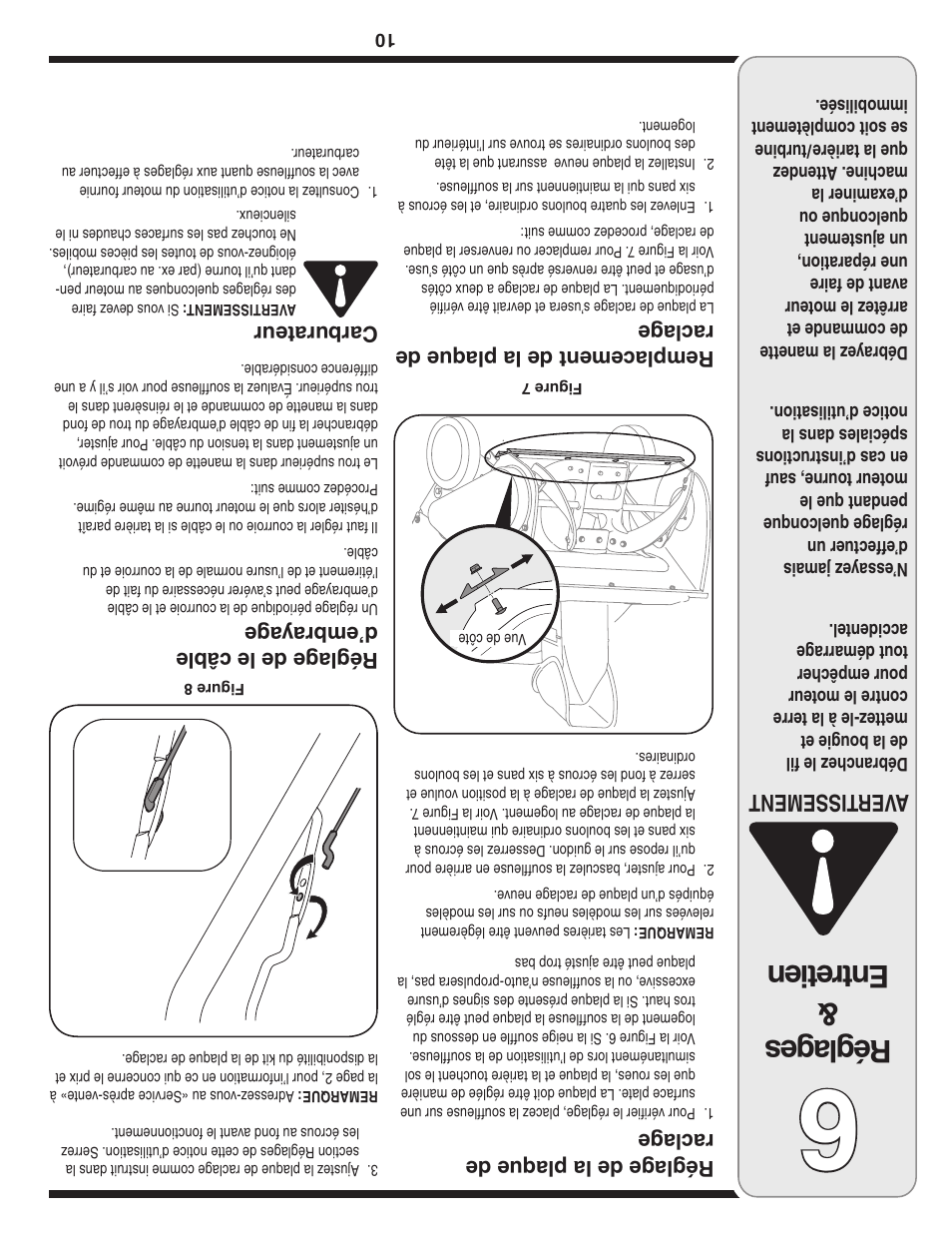 Rég lag es & ent ret ien, Aver tissement, Réglag e de la plaque de racla ge | Remplacement de la plaque de racla ge, Réglag e de le câble d’embraya ge, Carburateur | MTD 230 FR User Manual | Page 23 / 32