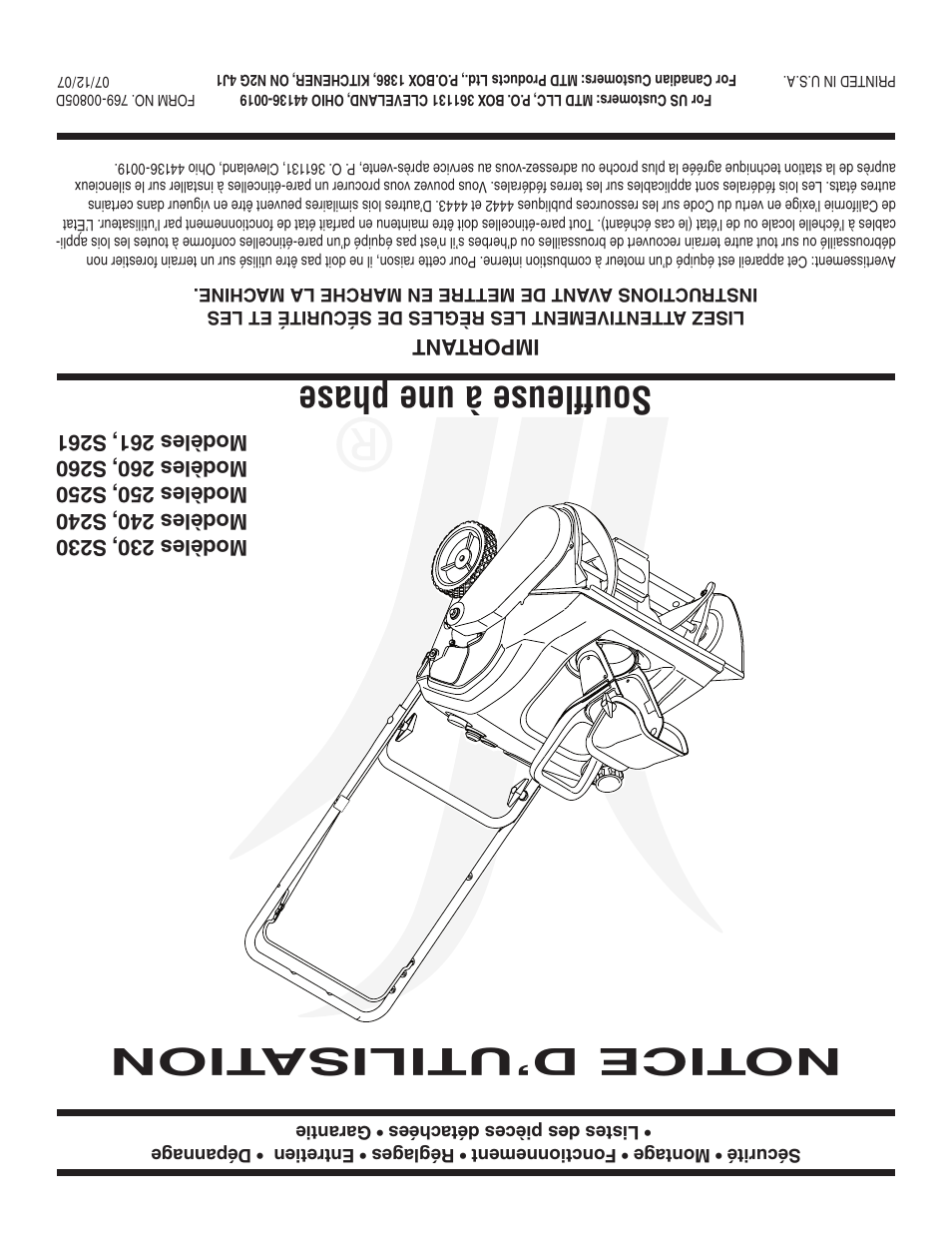 Notice d’utilisa tion soufﬂeuse à une phase, Important | MTD 230 FR User Manual | Page 32 / 32