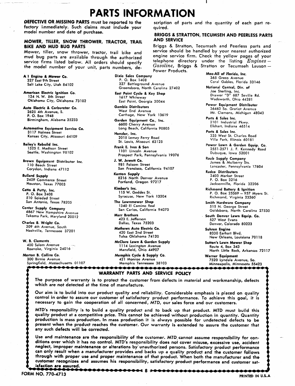 Parts information, Engines, Gasoline | MTD 243-650 User Manual | Page 8 / 8