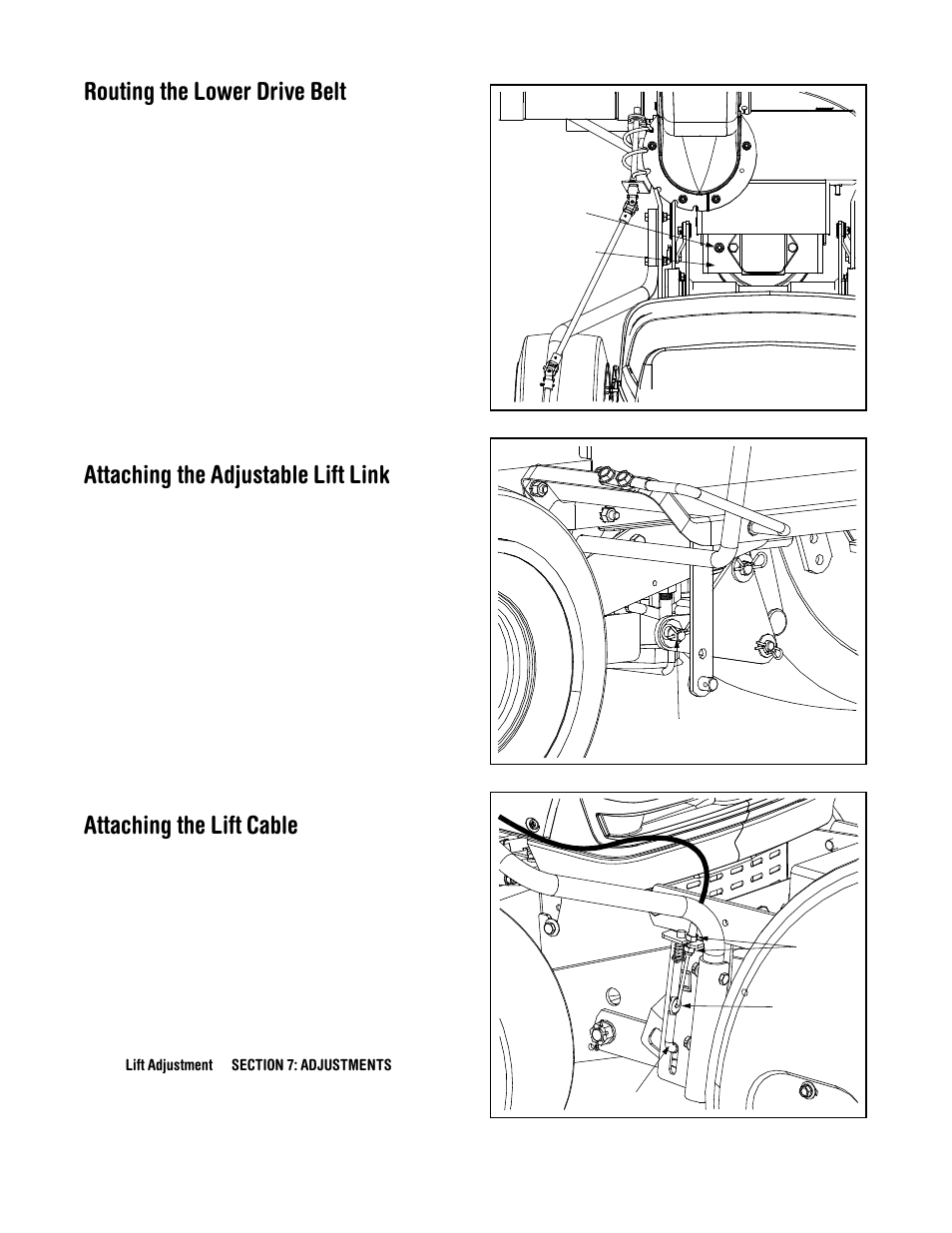 Routing the lower drive belt, Attaching the adjustable lift link, Attaching the lift cable | MTD OEM-190-627 User Manual | Page 10 / 20