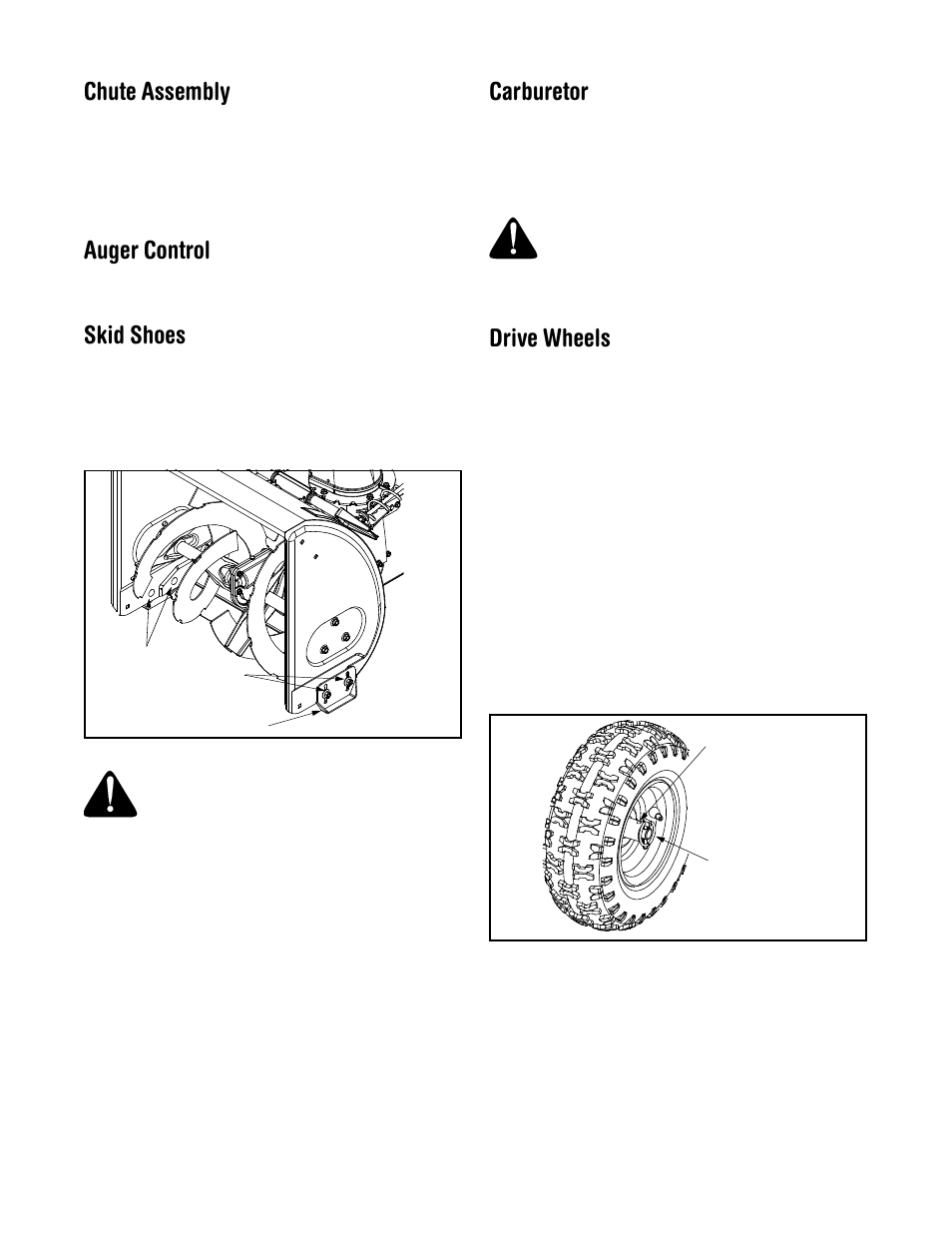 Chute assembly, Auger control, Skid shoes | Carburetor, Drive wheels | MTD 611 User Manual | Page 15 / 28