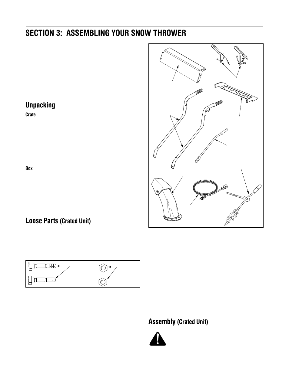 Unpacking, Loose parts, Assembly | Crated unit), Boxed unit) | MTD 611 User Manual | Page 6 / 28