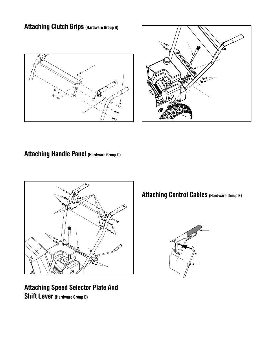 Attaching clutch grips, Attaching handle panel, Attaching speed selector plate and shift lever | Attaching control cables | MTD 611 User Manual | Page 8 / 28