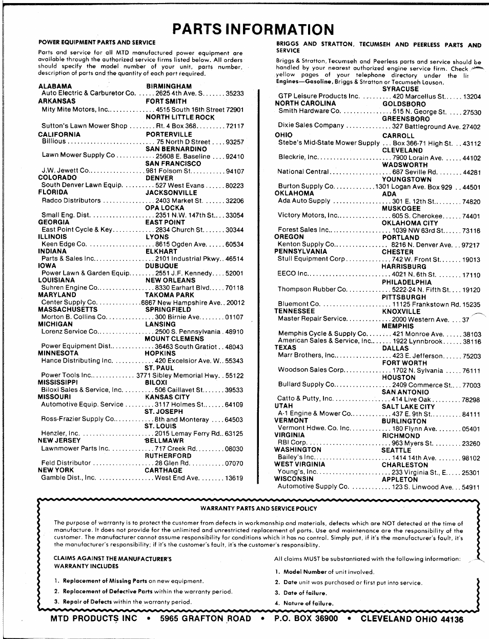 Parts information | MTD 240-680A User Manual | Page 15 / 15