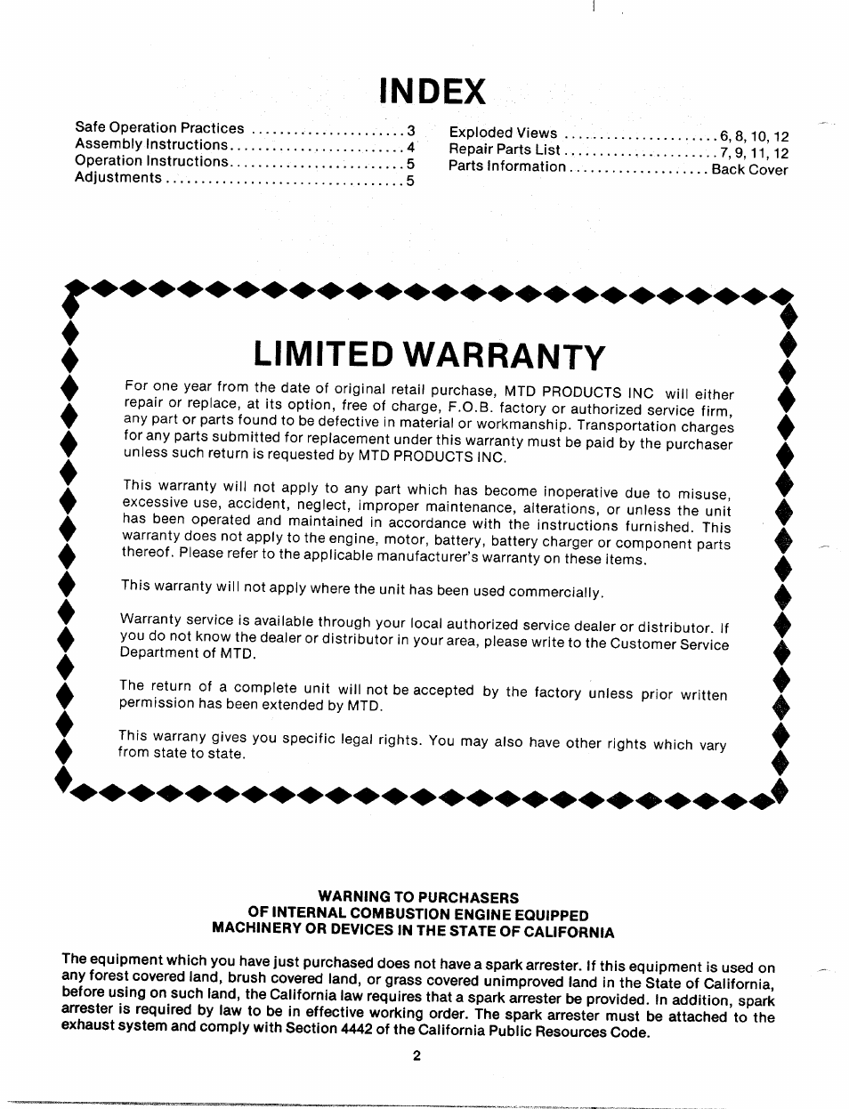 Index, Limited warranty | MTD 240-680A User Manual | Page 2 / 15