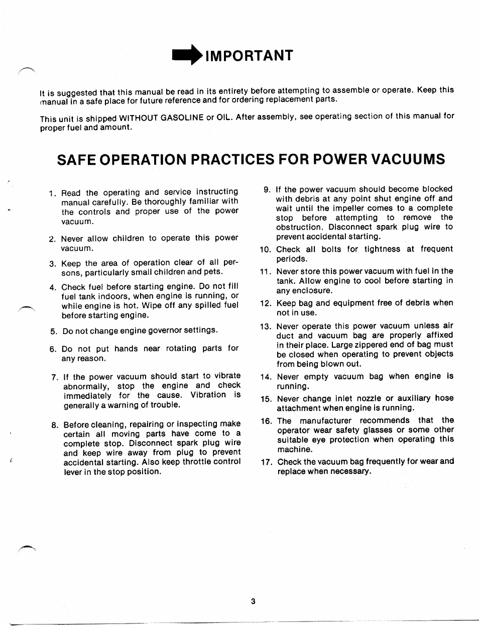 Important, Safe operation practices for power vacuums | MTD 240-680A User Manual | Page 3 / 15