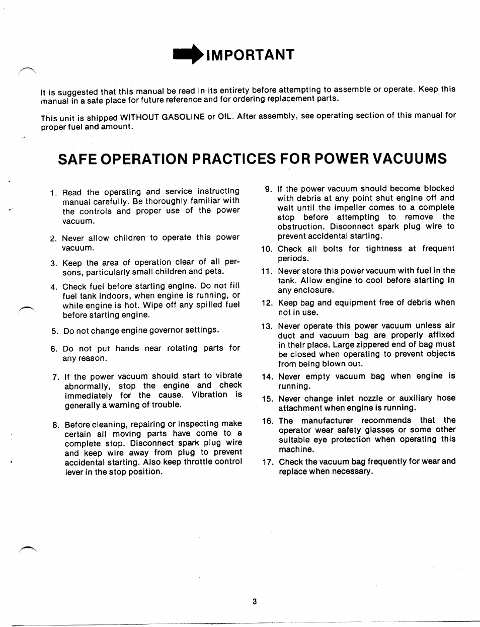 Important, Safe operation practices for power vacuums | MTD 240-680A User Manual | Page 5 / 15