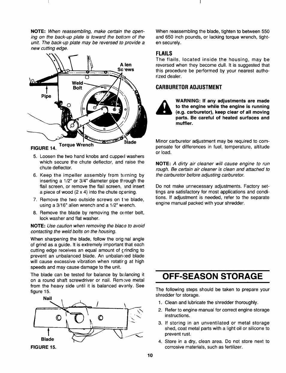 Flails, Carburetor adjustment, Off-season storage | MTD 645C thru 651C User Manual | Page 10 / 12