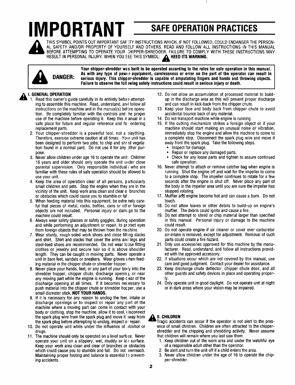 Important, Safe operation practices | MTD 645C thru 651C User Manual | Page 2 / 12