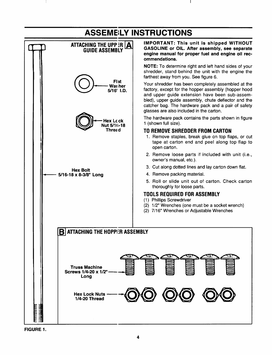 To remove shredder from carton, Tools required for assembly, B ahaching the hoppier assembly | Assemeily instructions | MTD 645C thru 651C User Manual | Page 4 / 12