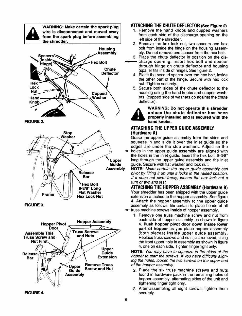 Ahaching the chute deflector (see figure 2), Ahaching the upper guide assembly (hardware a), Ahaching the hopper assembly (hardware b) | MTD 645C thru 651C User Manual | Page 5 / 12