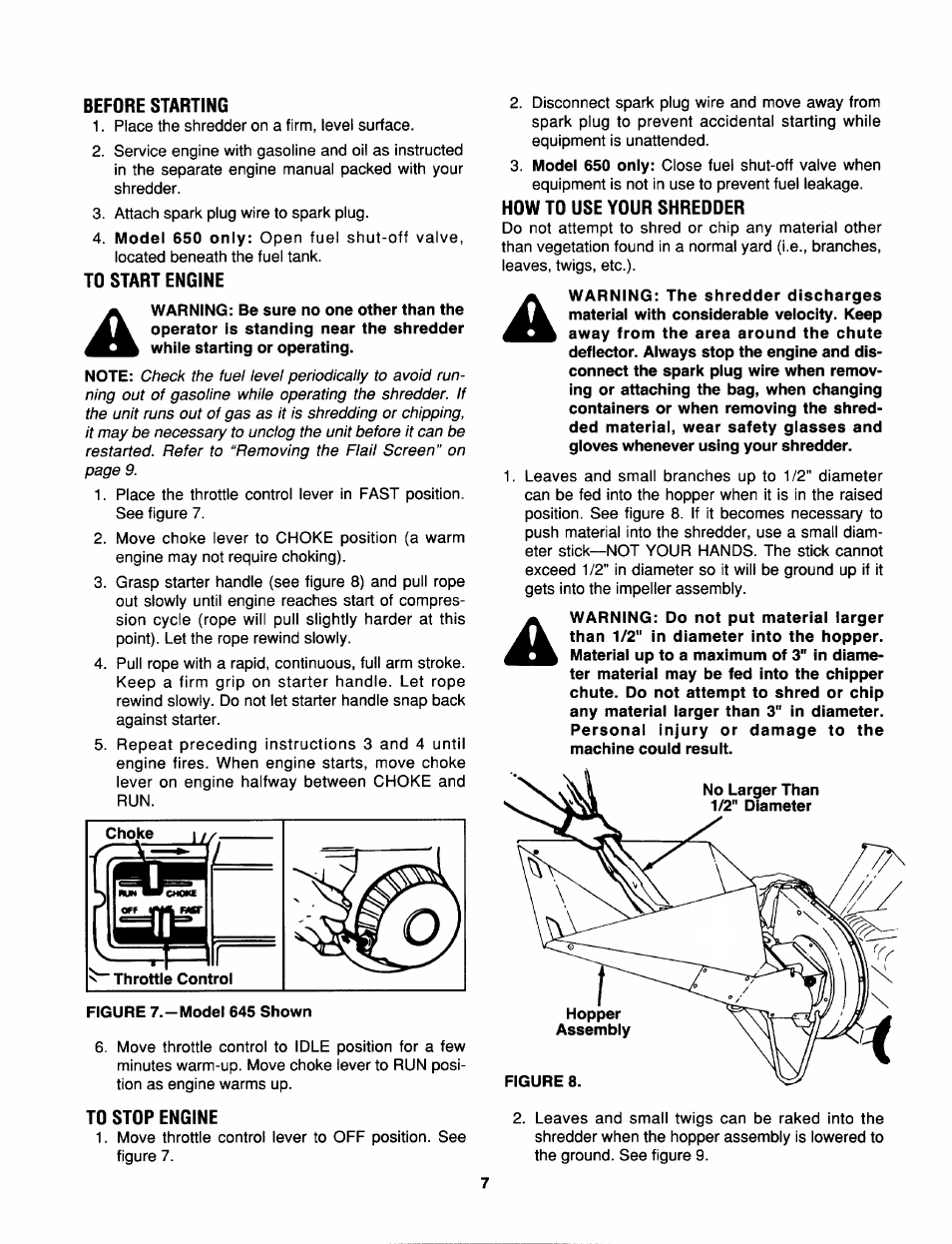 Before starting, To start engine, To stop engine | How to use your shredder | MTD 645C thru 651C User Manual | Page 7 / 12