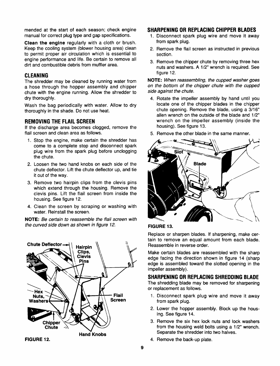 Cleaning, Removing the flail screen, Sharpening or replacing chipper blades | Sharpening or replacing shredding blade | MTD 645C thru 651C User Manual | Page 9 / 12
