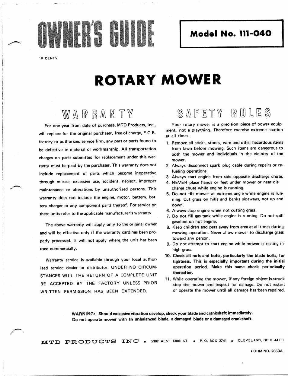 MTD 111-040 User Manual | 4 pages