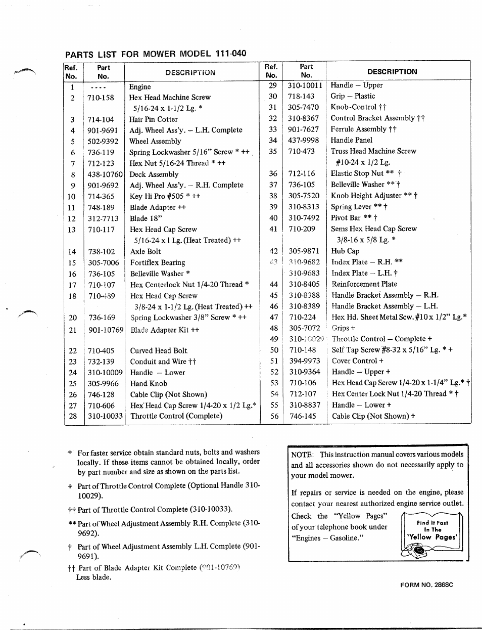 Parts list for mower model 111-040 | MTD 111-040 User Manual | Page 3 / 4