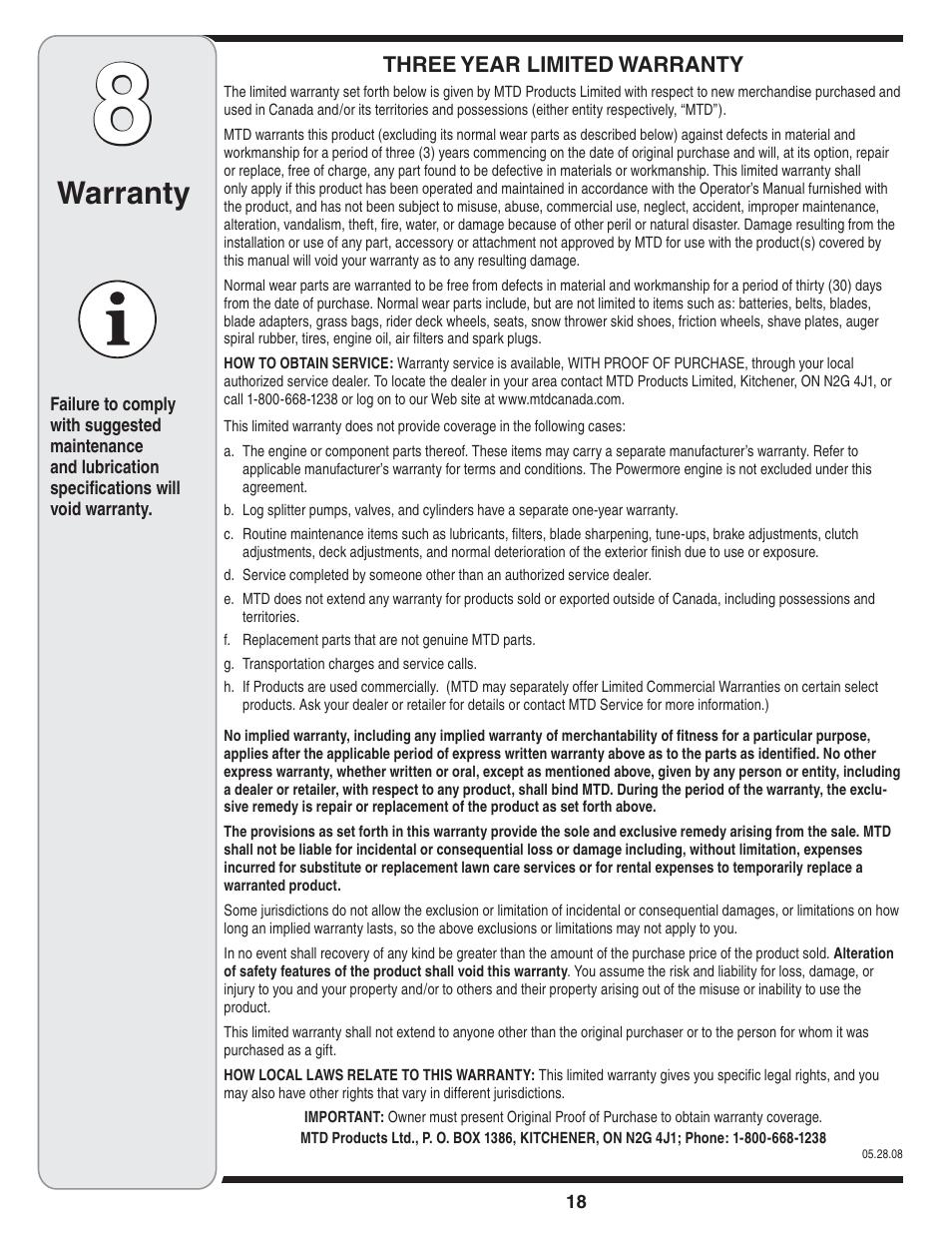 Warranty | MTD 769-04210 User Manual | Page 18 / 48