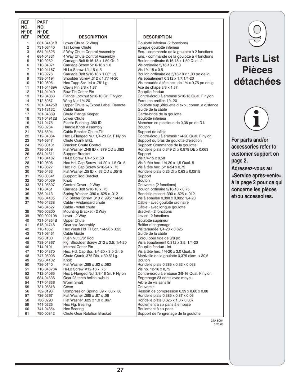 Parts list pièces détachées | MTD 769-04210 User Manual | Page 27 / 48