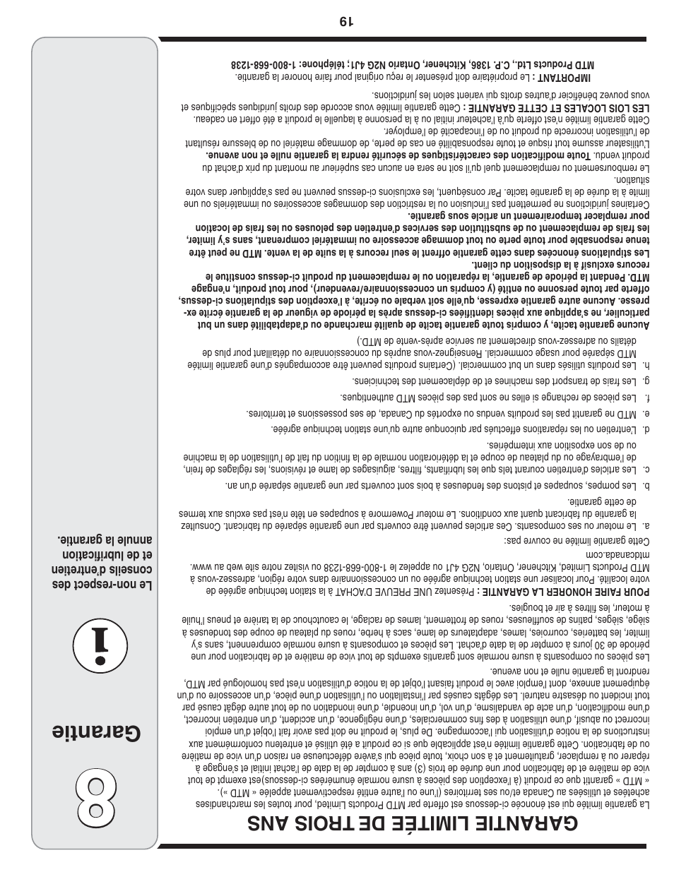 Garantie, Garantie limitée de tr ois ans | MTD 769-04210 User Manual | Page 30 / 48