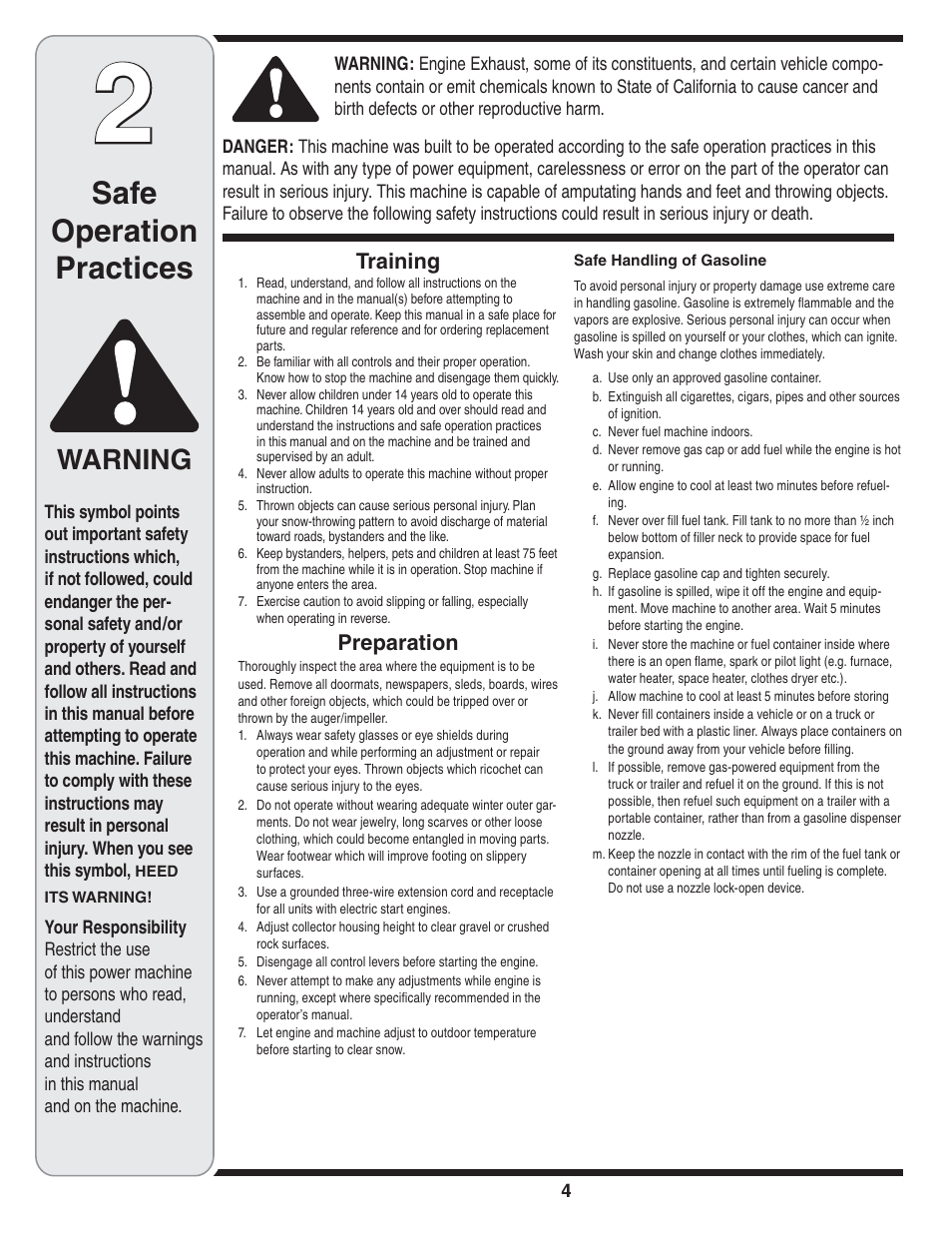 Safe operation practices, Warning, Training | Preparation | MTD 769-04210 User Manual | Page 4 / 48