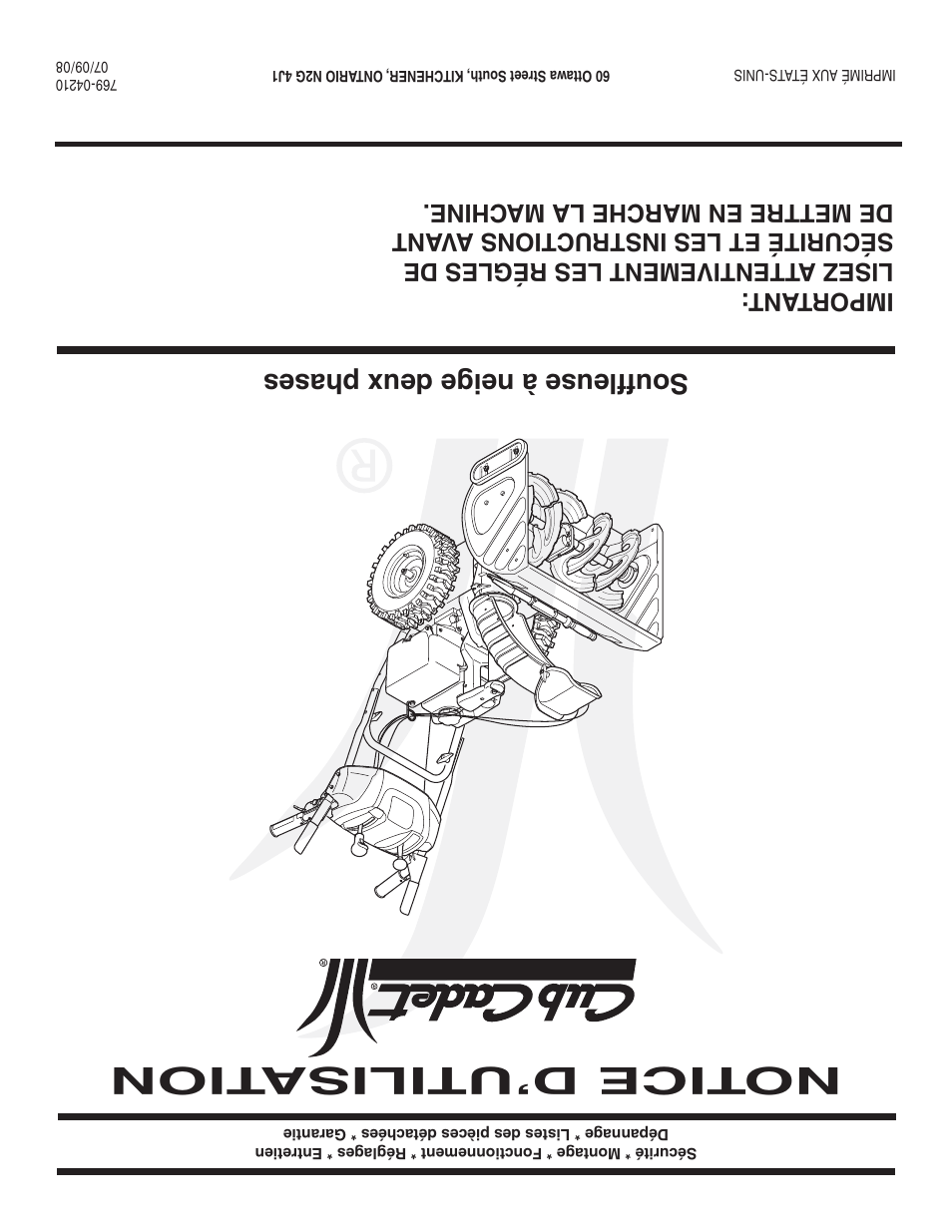 Notice d’utilisa tion, Souffleuse à neige deux phases | MTD 769-04210 User Manual | Page 48 / 48