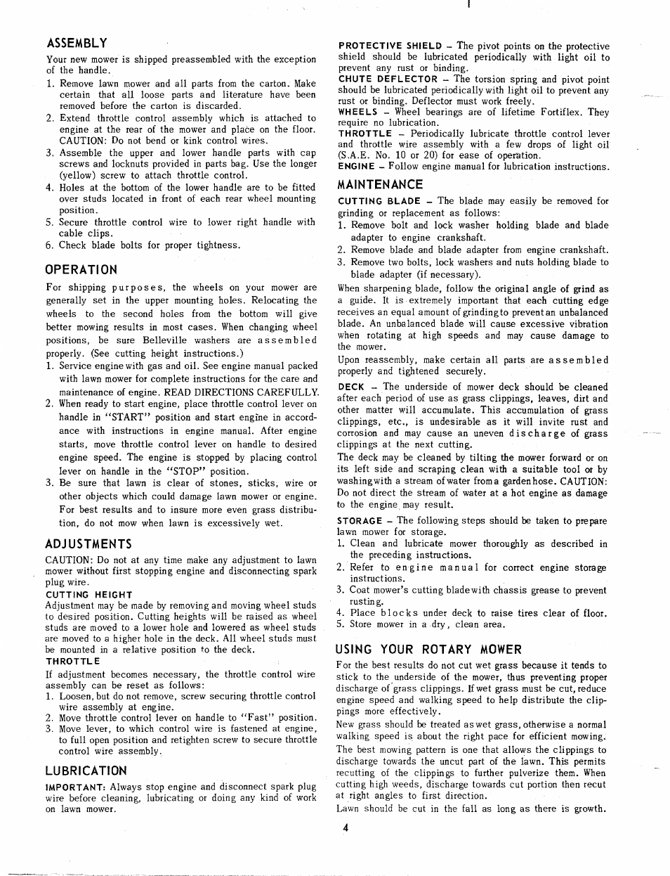 Assembly, Operation, Adjustments | Lubrication, Maintenance, Using your rotary mower | MTD 112-200 User Manual | Page 4 / 6