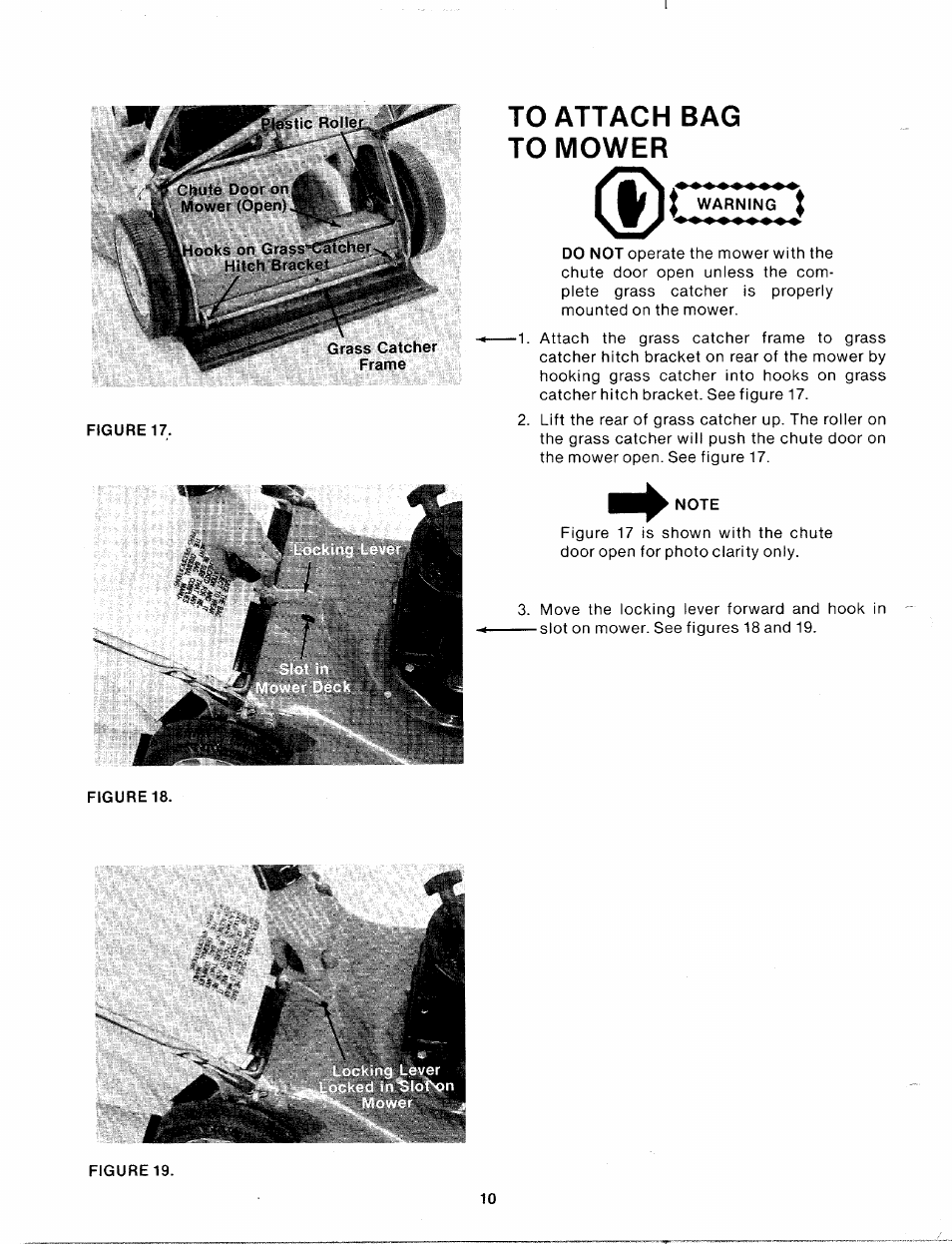 To attach bag to mower, Warning, Note | MTD 111-638A User Manual | Page 10 / 19