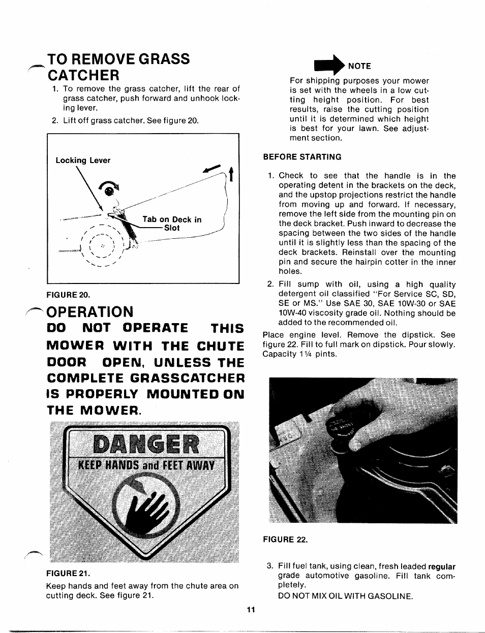 To remove grass catcher, Operation, Before starting | MTD 111-638A User Manual | Page 11 / 19