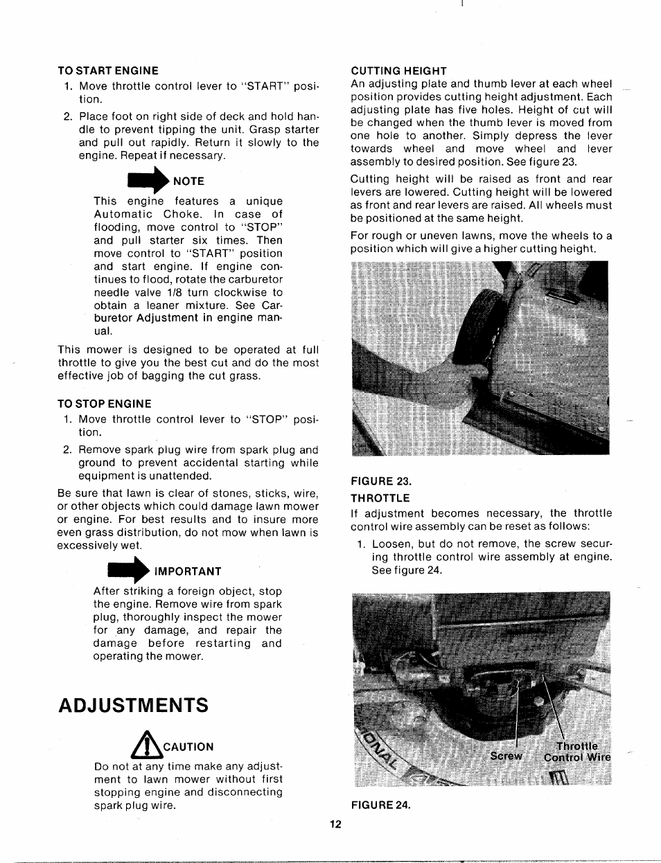 To start engine, Note, To stop engine | Adjustments, Caution, Cutting height, Figure 23, Throttle, Throttle control wire | MTD 111-638A User Manual | Page 12 / 19