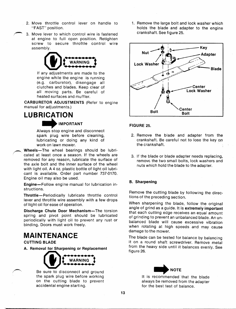 Warning, Lubrication, Important | Maintenance, Cutting blade, B. sharpening, Note | MTD 111-638A User Manual | Page 13 / 19