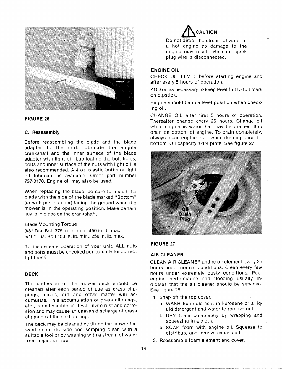 Figure 26, C. reassembly, Deck | Caution, Engine oil, Air cleaner | MTD 111-638A User Manual | Page 14 / 19