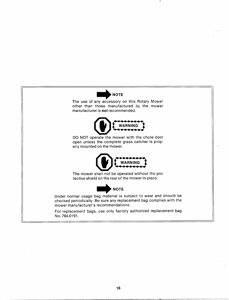 Note, Warning | MTD 111-638A User Manual | Page 16 / 19