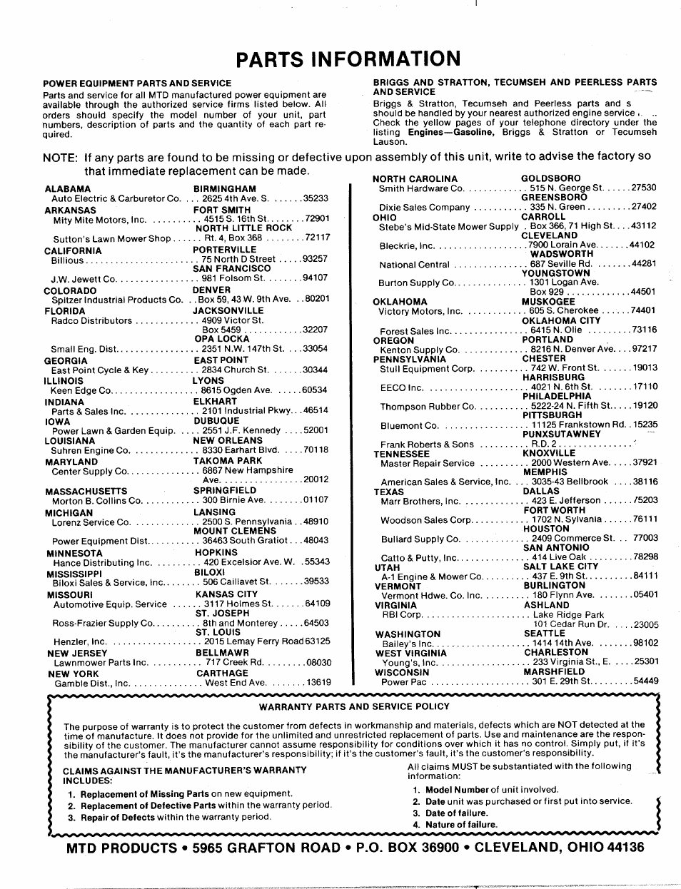 Parts information | MTD 111-638A User Manual | Page 19 / 19