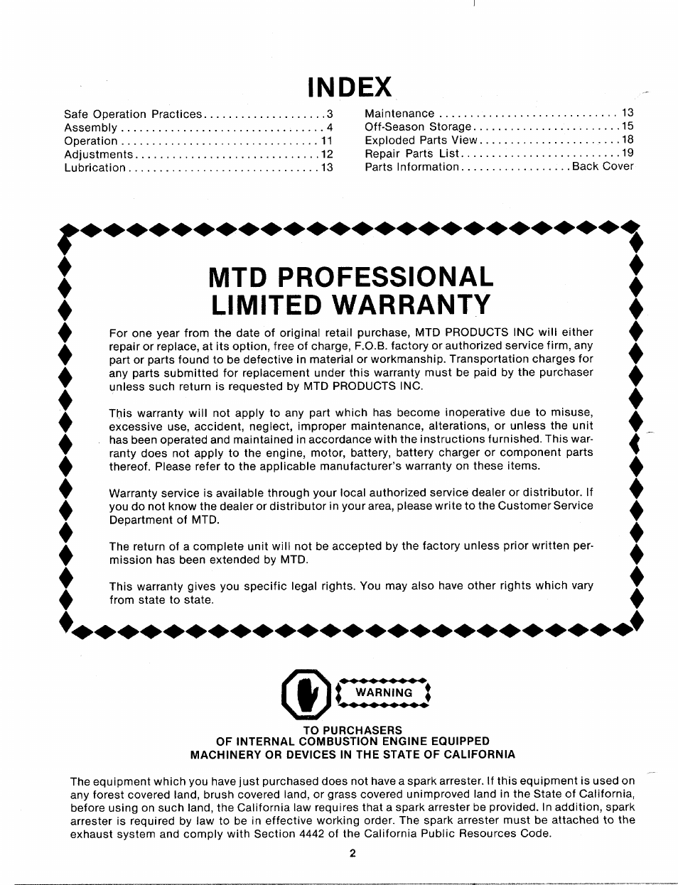 Index, Mtd professional limited warranty, Warning | To purchasers | MTD 111-638A User Manual | Page 2 / 19