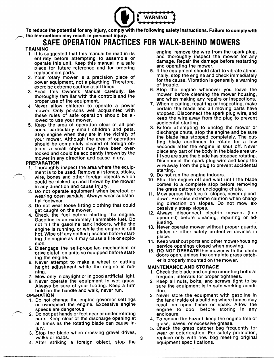 Safe operation practices for walk-behind mowers | MTD 111-638A User Manual | Page 3 / 19