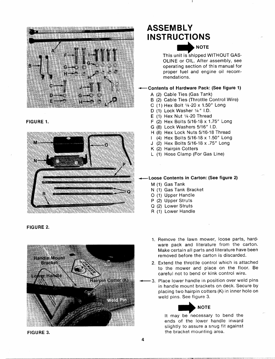 Assembly, Instructions, Note | Contents of hardware pack: (see figure 1), Loose contents in carton: (see figure 2), Assembiy, Assembly instructions | MTD 111-638A User Manual | Page 4 / 19