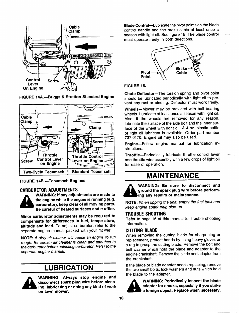 Carburetor adjustments, Lubrication, Maintenance | Trouble shooting, Cutting blade | MTD 111-080R000 THRU 111-089R000 User Manual | Page 10 / 16