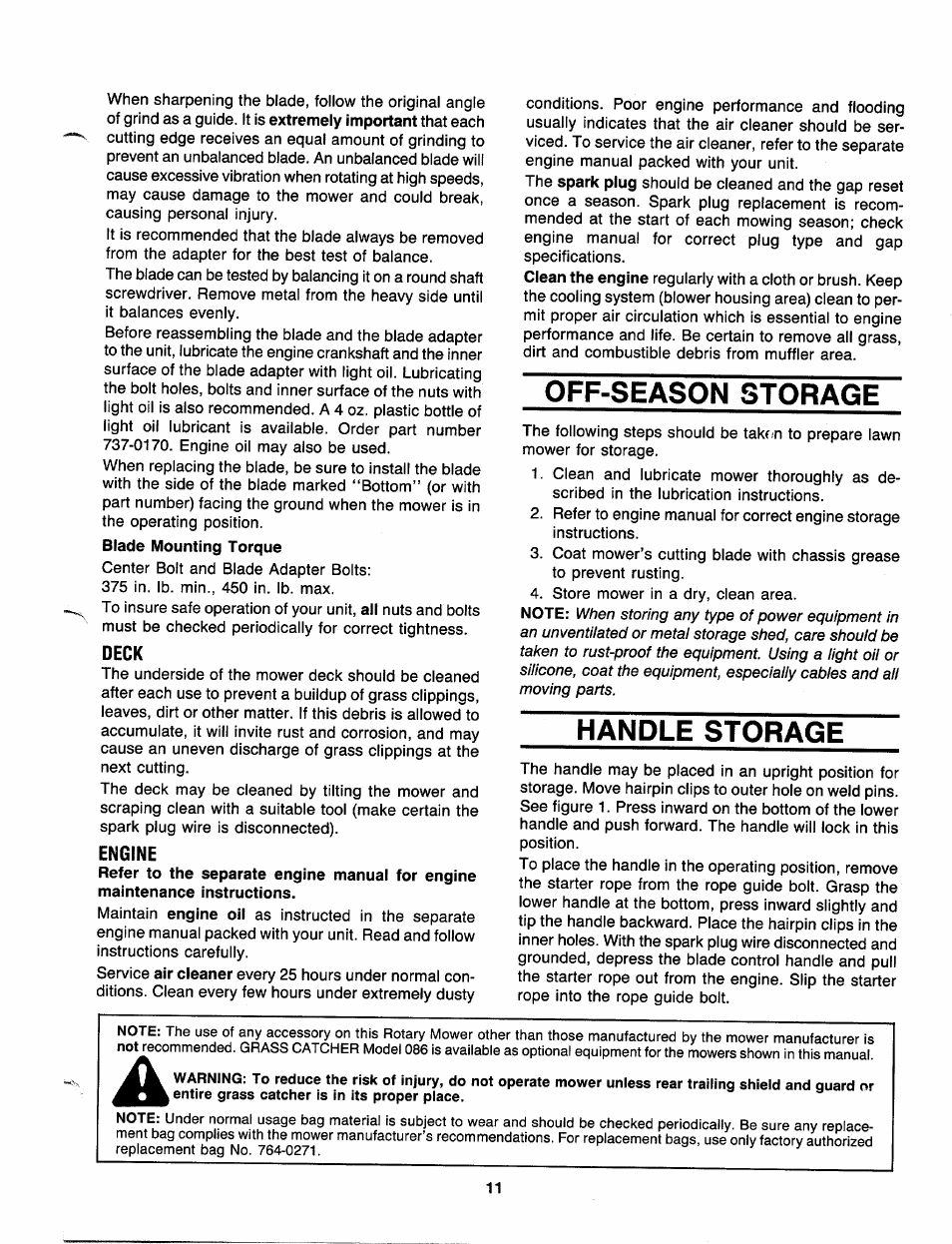 Deck, Engine, Off-season storage | Handle storage | MTD 111-080R000 THRU 111-089R000 User Manual | Page 11 / 16