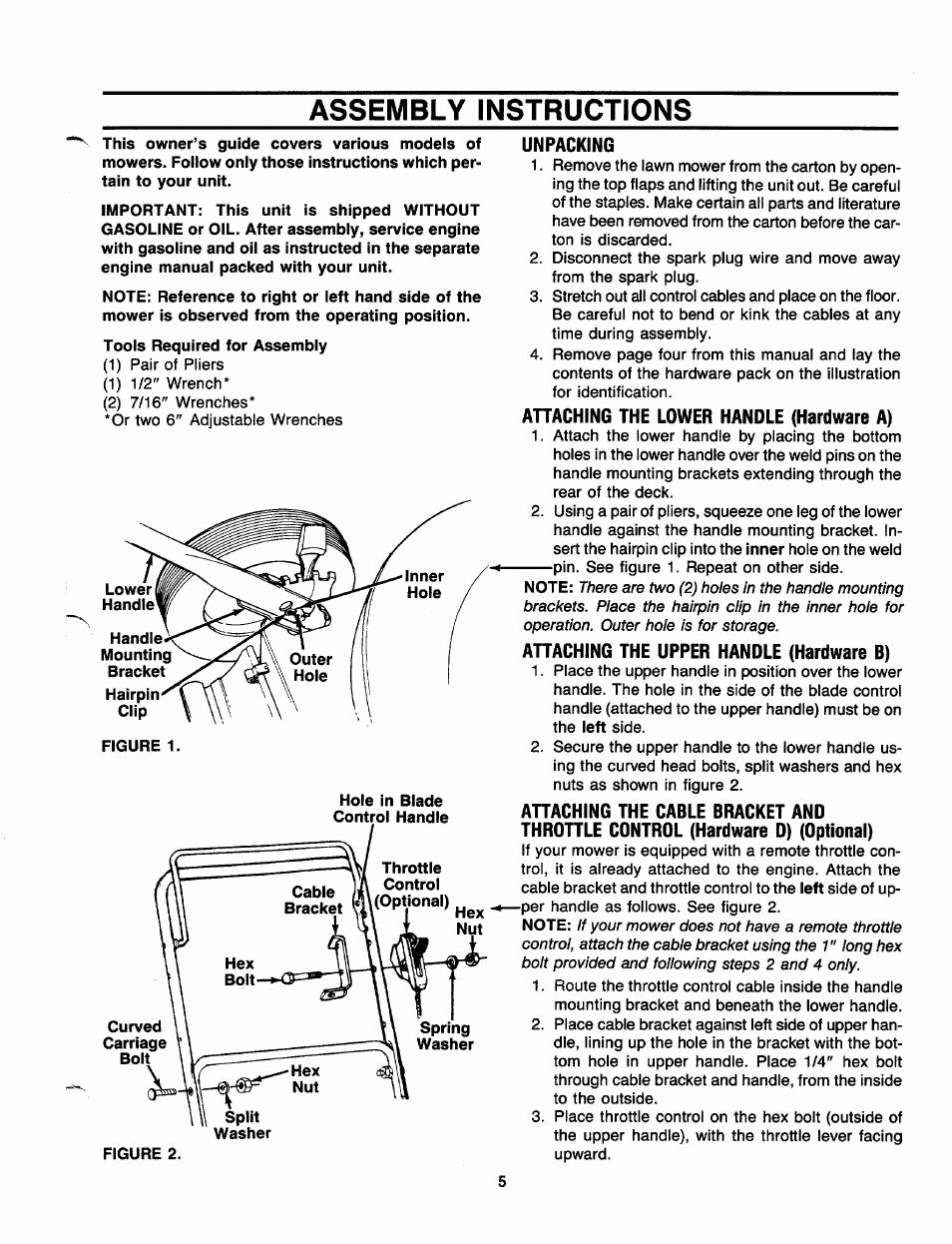 Assembly instructions, Unpacking, Ahaching the lower handle (hardware a) | Attaching the upper handle (hardware b) | MTD 111-080R000 THRU 111-089R000 User Manual | Page 5 / 16