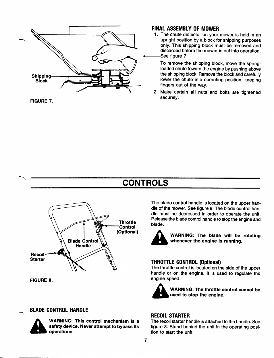 Final assembly of mower, Controls, Throttle control (optional) | Blade control handle, Recoil starter | MTD 111-080R000 THRU 111-089R000 User Manual | Page 7 / 16