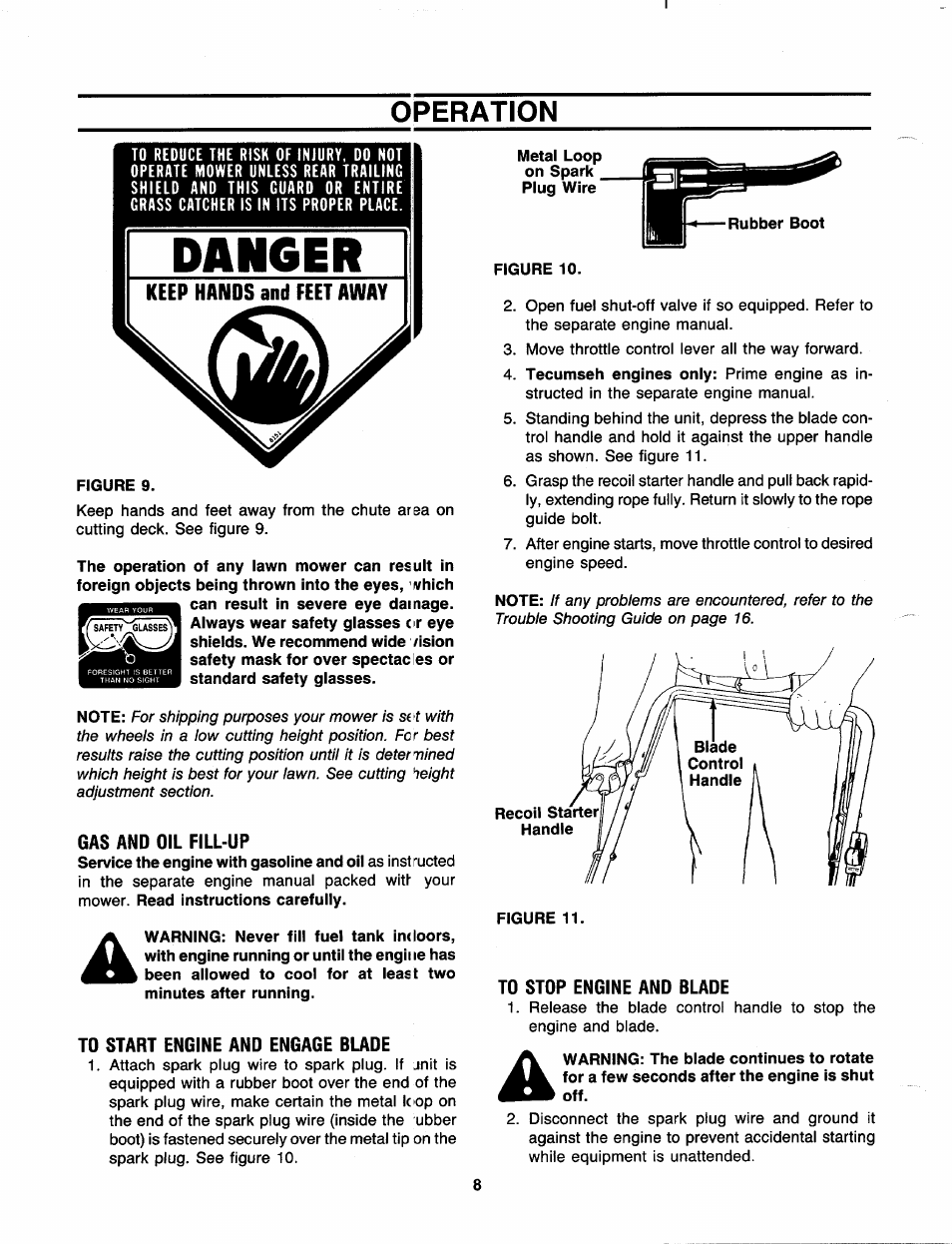 Operation, Gas and oil fill-up, To start engine and engage blade | To stop engine and blade | MTD 111-080R000 THRU 111-089R000 User Manual | Page 8 / 16