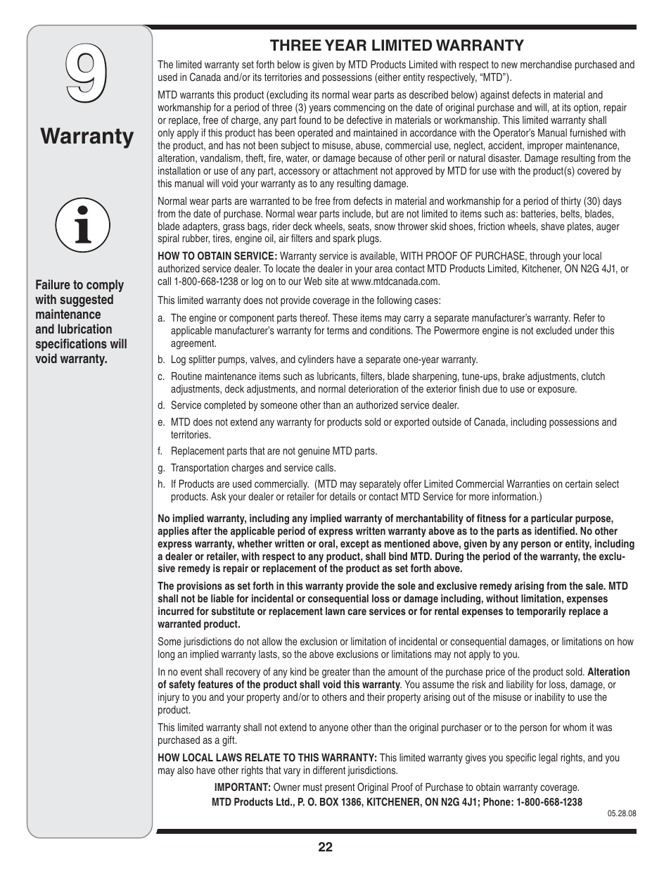 Warranty | MTD 769-04101 User Manual | Page 22 / 56