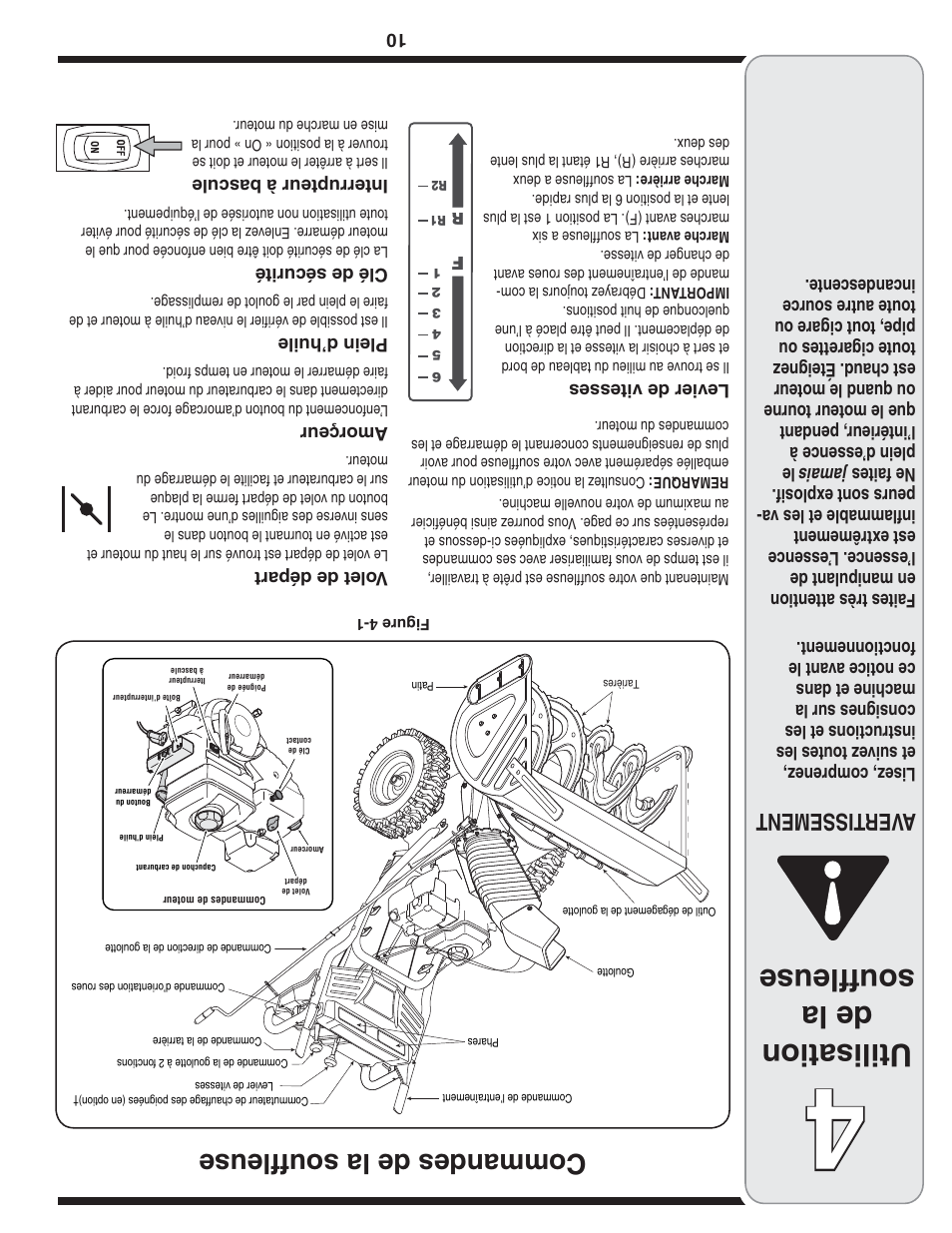 Utilisation de la souffleuse, Commandes de la souffleuse, Aver tissement | MTD 769-04101 User Manual | Page 47 / 56