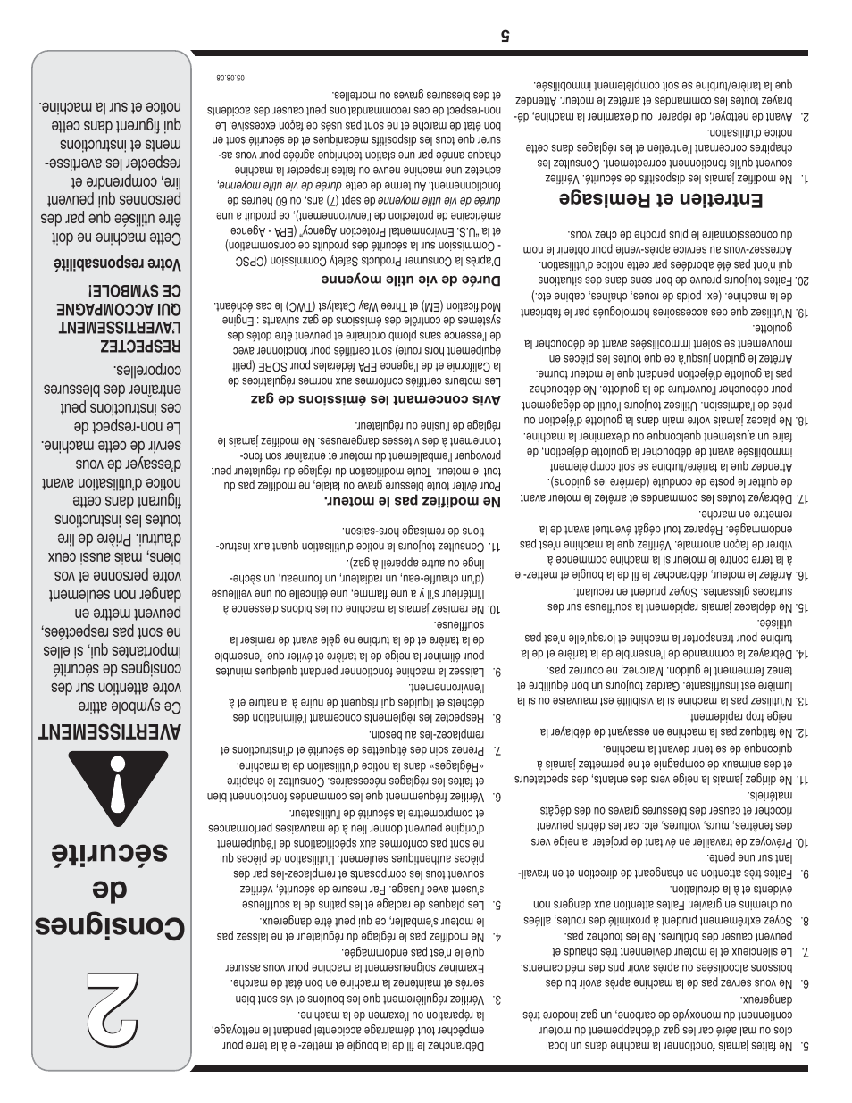 Consignes de sécurité, Aver tissement, Entretien et remisag e | MTD 769-04101 User Manual | Page 52 / 56