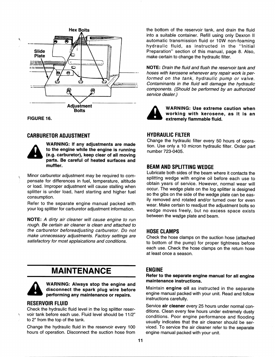 Carburetor adjustment, Hydraulic filter, Beam and splitting wedge | Hdse clamps, Maintenance, Reservdir fluid, Engine | MTD 242-632-000 User Manual | Page 11 / 20